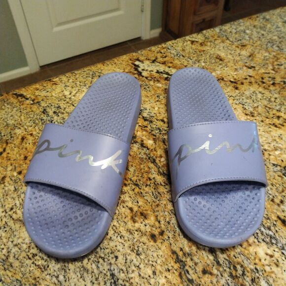 Victoria's Secret Pink Bling Logo Strap Slides Sandals Dusty Periwinkle Sz 9.5 - Picture 2 of 11